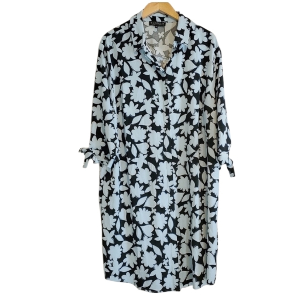 Eloquii Blue Floral Tie Sleeves Button Front Dress Sz 16 Easter Spring Casual
